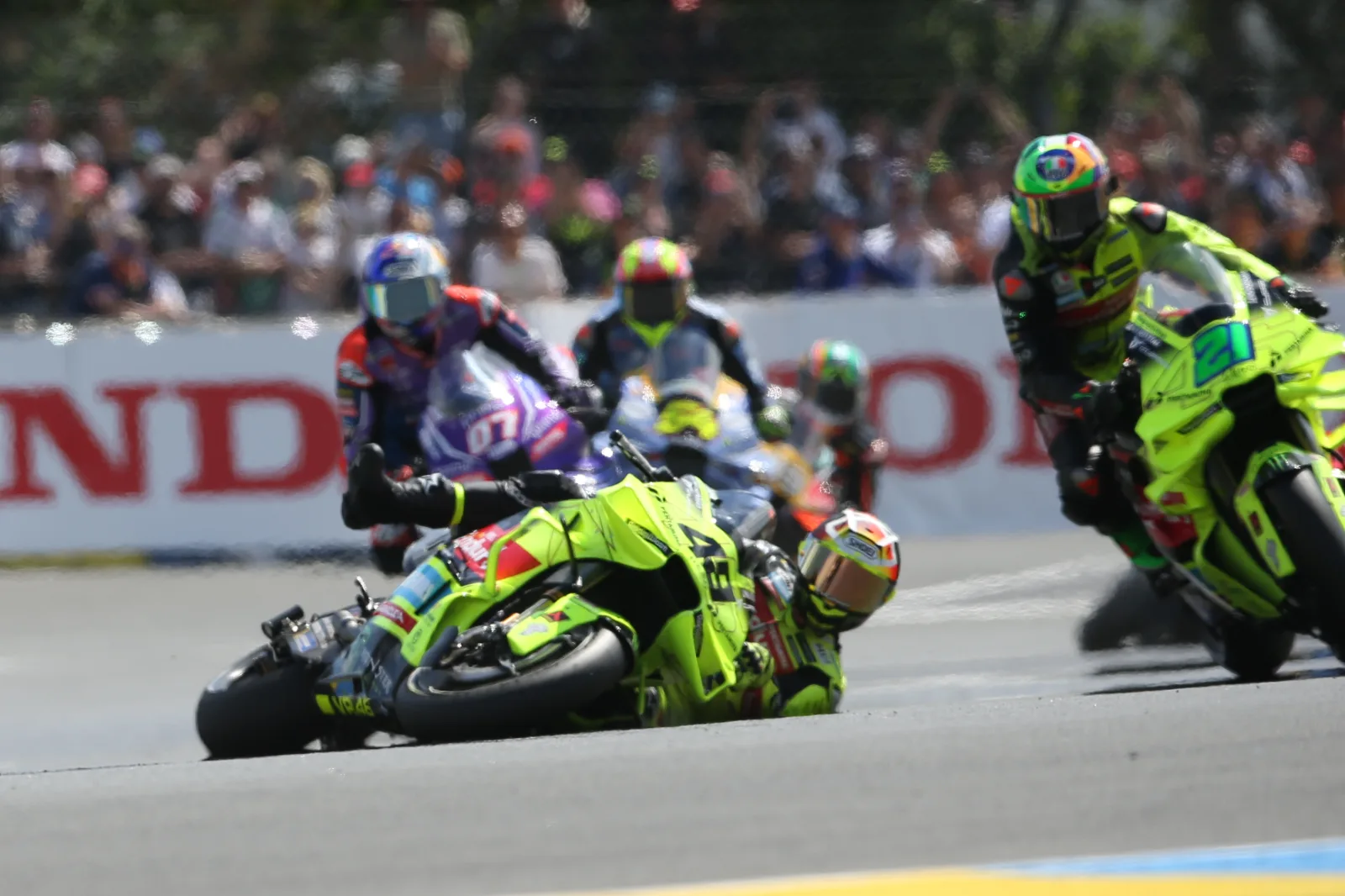 #49 Fabio Di Giannantonio, ITA, Pertamina Enduro VR46 Racing Team crashes in front of team-mate #21 Gianfranco Morbidelli, ITA, Pertamina Enduro VR46 Racing Team during the Tissot Sprint at the Michelin Grand Prix de France at Bugatti circuit, Le Mans, France