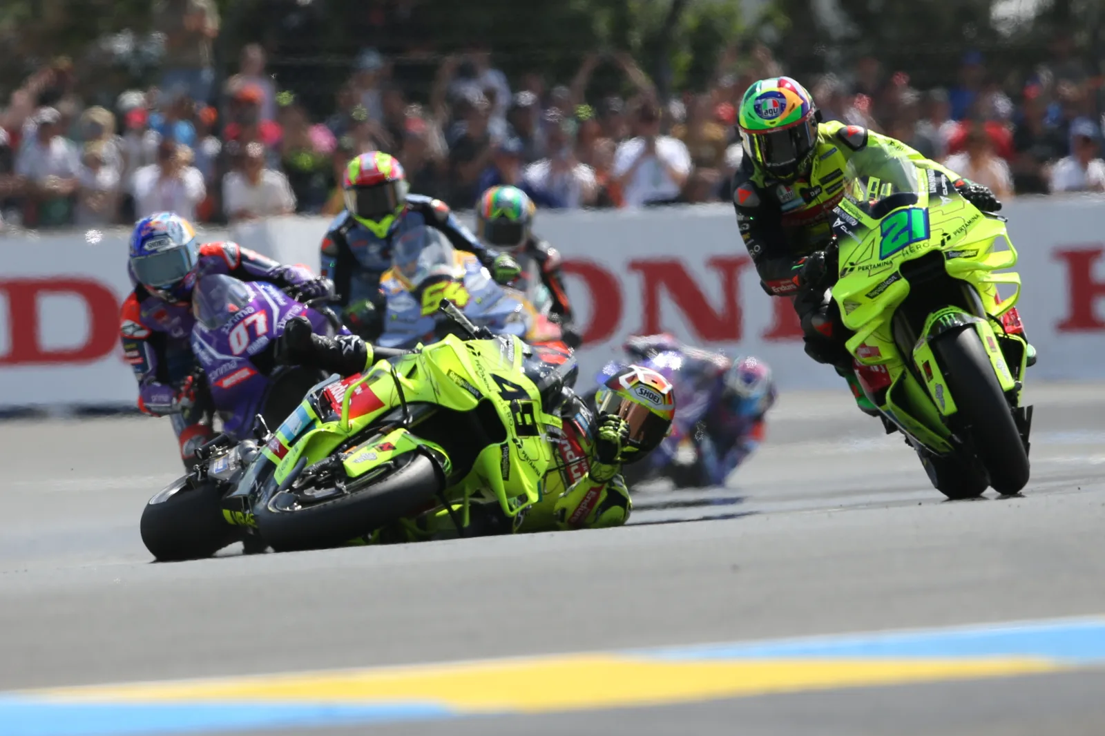 #49 Fabio Di Giannantonio, ITA, Pertamina Enduro VR46 Racing Team crashes in front of team-mate #21 Gianfranco Morbidelli, ITA, Pertamina Enduro VR46 Racing Team during the Tissot Sprint at the during the Michelin Grand Prix de France at Bugatti circuit, Le Mans, France